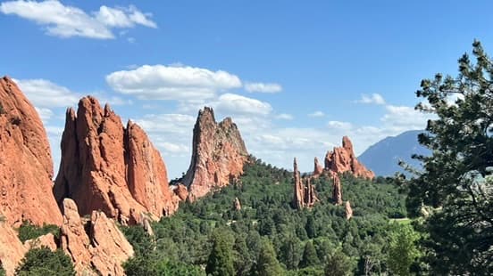 Red sandstone formations at Garden of the Gods under a bright blue sky.