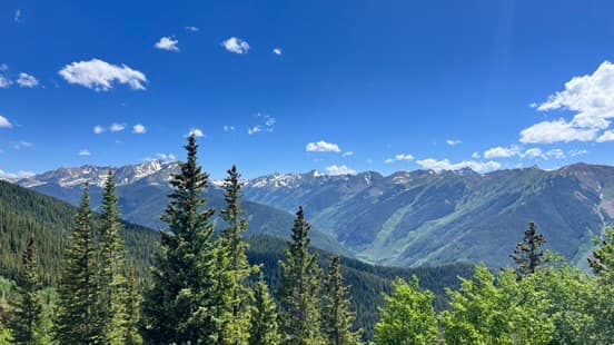 A high mountain view framed by trees along Independence Pass in summer.